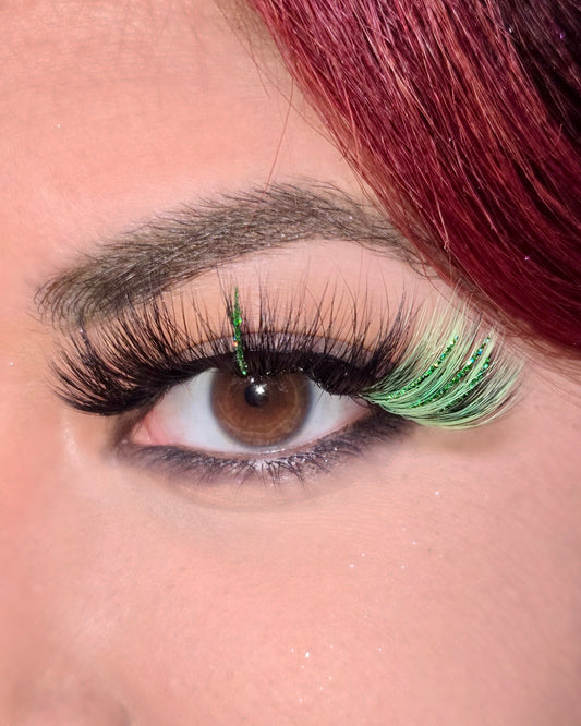 Strip lashes in style “Bobcat” | 20mm Mink Lashes | Green Glitter Lashes